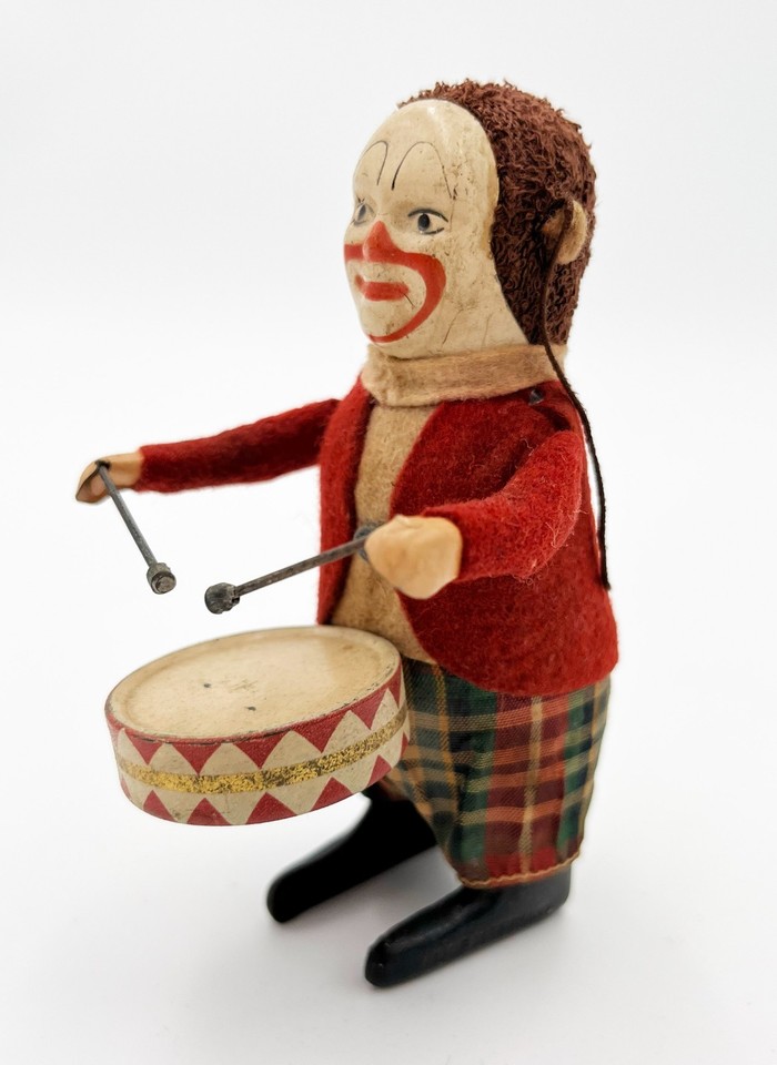 Vintage Schuco German Wind Up Clown Drummer Toy Automaton Felt Figure