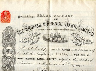 Share Warrant English and French Bank limited 1881 Parfait état