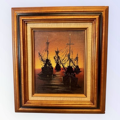 Carl Son Signed 1960s Painting Red Orange Sky & Sailing Ships Framed 17 X 15 
