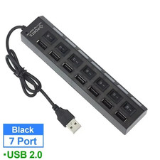 USB 2.0 Hub 7 Port On/Off Switch High Speed Splitter AC Adapter Cable PC Laptop