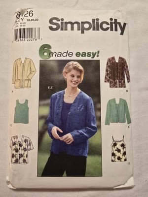 Simplicity 8426 Sewing Pattern Cardigan Tank Top Camisole Sz 18,20,22 Uncut