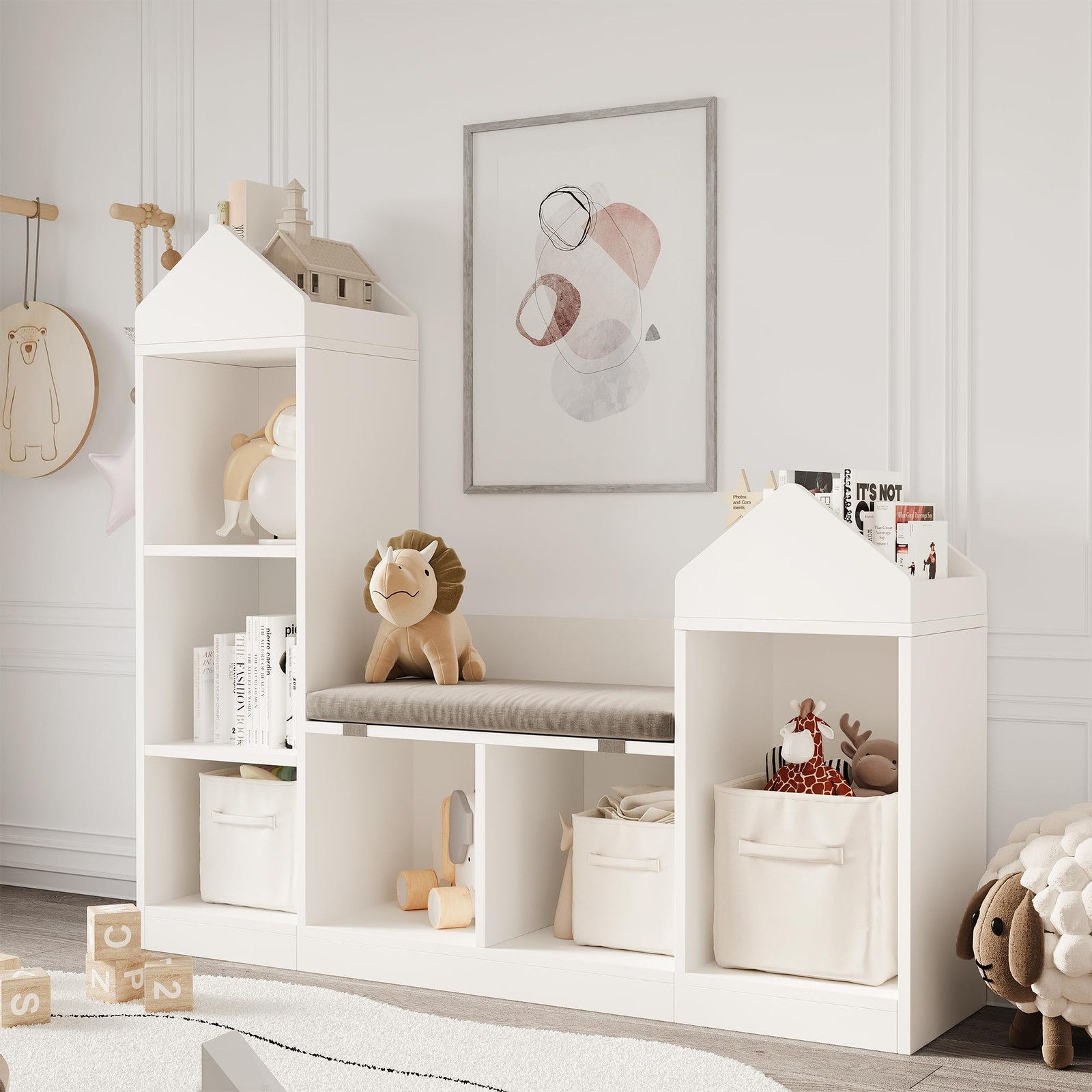 Libreria per Bambini Con Cuscino Seduta E 6 Scomparti Scaffale Giocattolo Multifunzione