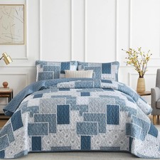 Blue Boho Quilt Set King Size,3 Pieces Plaid Floral Bedspread Coverlet Set All