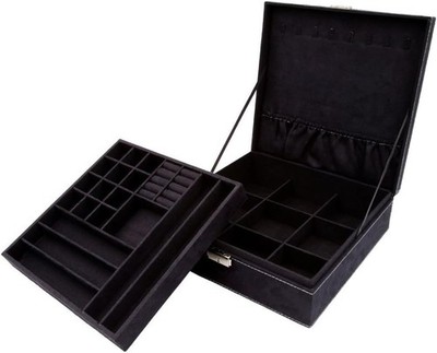 Two-Layer Jewelry Box Organizer Display Storage case W/ Lock Black)