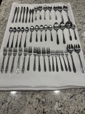 45 Pc Vintage MCM Rogers Stanley Roberts FLORAL MIST Stainless Korea Flatware