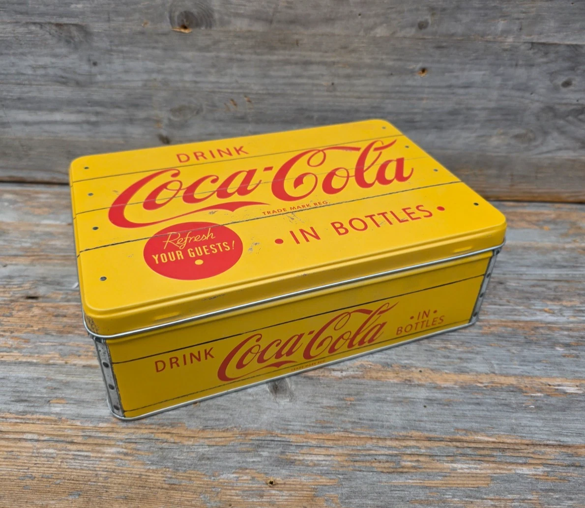 Coca Cola Tin. Yellow Coca Cola Tin Vintage Look. Coke Tin. Yellow Storage Tin