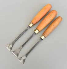 Set 3 Vintage C.Riley Fishtail Carving Flat Chisel Boxwood Handle  40mm 38mm