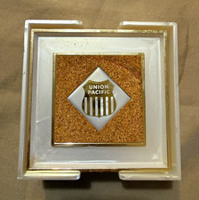 Vintage Union Pacific Plastic Cork Coaster Set Square 4 in White Brown Gold