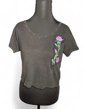 Black Short Sleeve Motorcycle T-shirt With Pink Rose Detail On Front