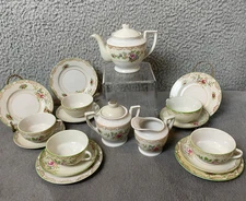 Teapot Set Cream Sugar 5 Cups Saucers Dessert Plates Occupied Japan White Floral