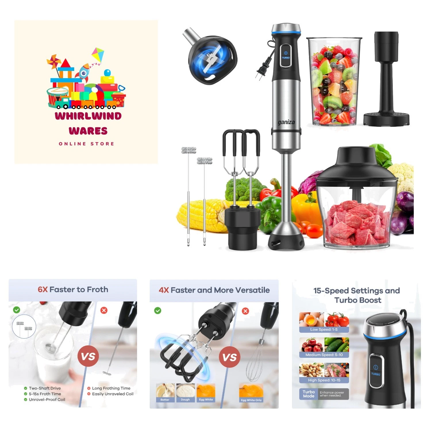 Immersion Blender Handheld, 6 in 1 Hand Blender Stainless Steel Blade, 15 Spe...