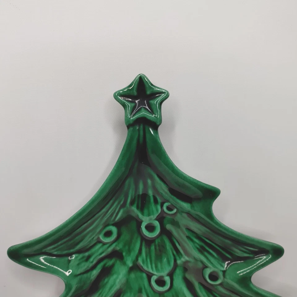 Bandeja para servir árbol de Navidad de cerámica vintage verde 15 1/4" Foto 2 de 4