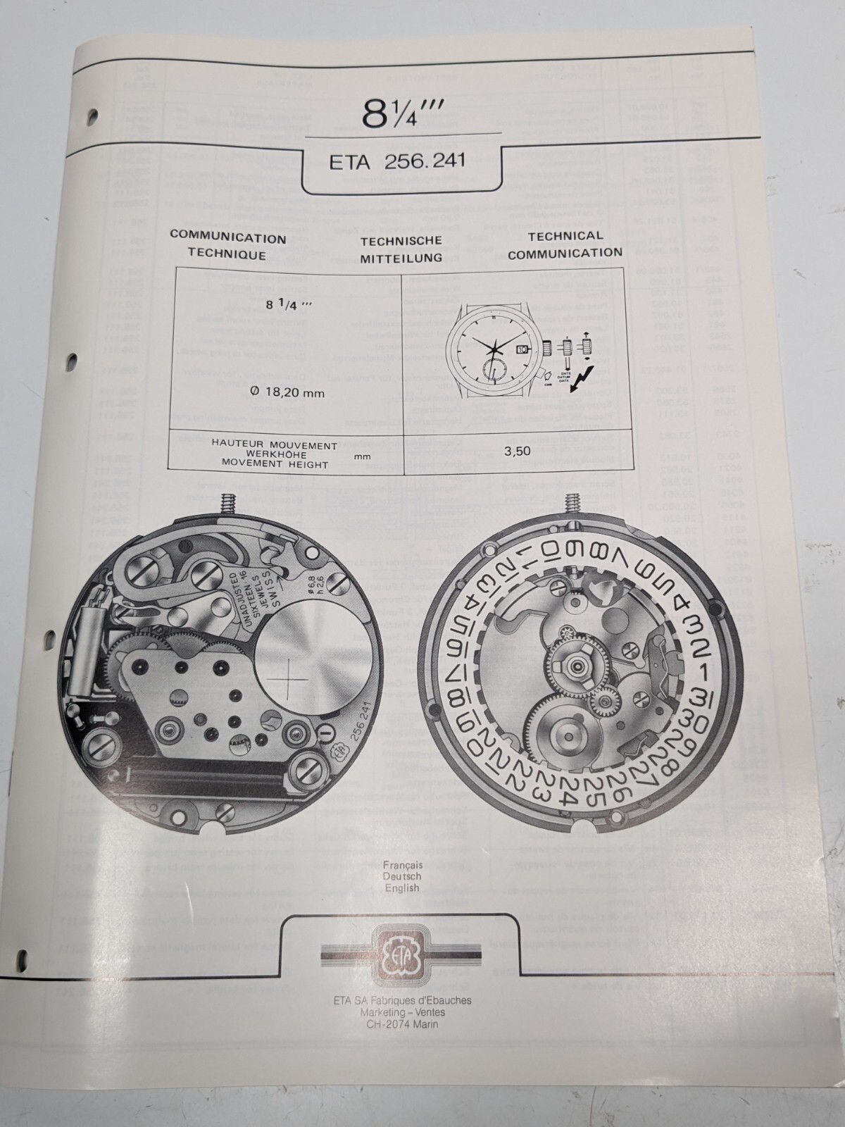 ETA Watch Movement Technical Communication / Information Manuals Guides ...