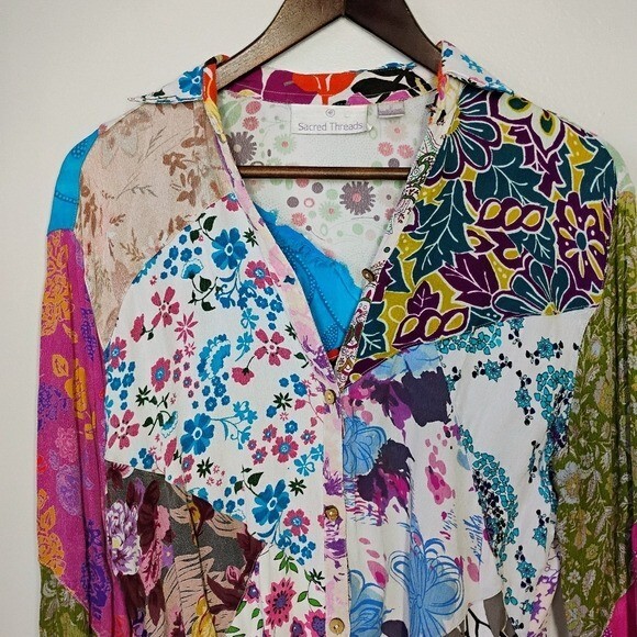 Sacred Threads Boho Patchwork Floral Button Down … - image 3