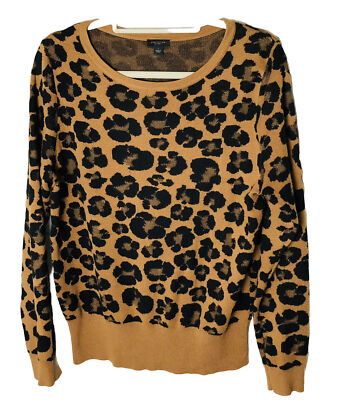 Ann Taylor Factory Sweater Womens Size Large Brown Black Animal Print Round Neck
