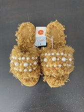Cat Jack Girls Curly Faux Fur Pearl Slide Slippers -Gold-Sz 3-NWT