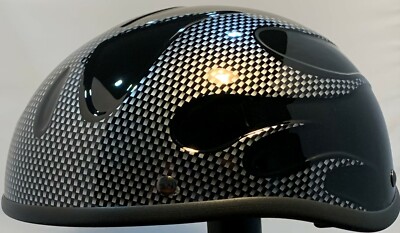 VOSS GLOSSY BLACK CARBON FLAME BEANIE NOVELTY MOTORCYCLE HELMET LIGHT  WEIGHT