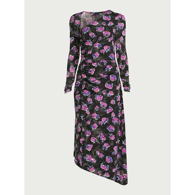 Scoop Women's Asymmetrical Midi Dress with Long Sleeves, Sizes Xs-xxl, Size: Large, Multicolor