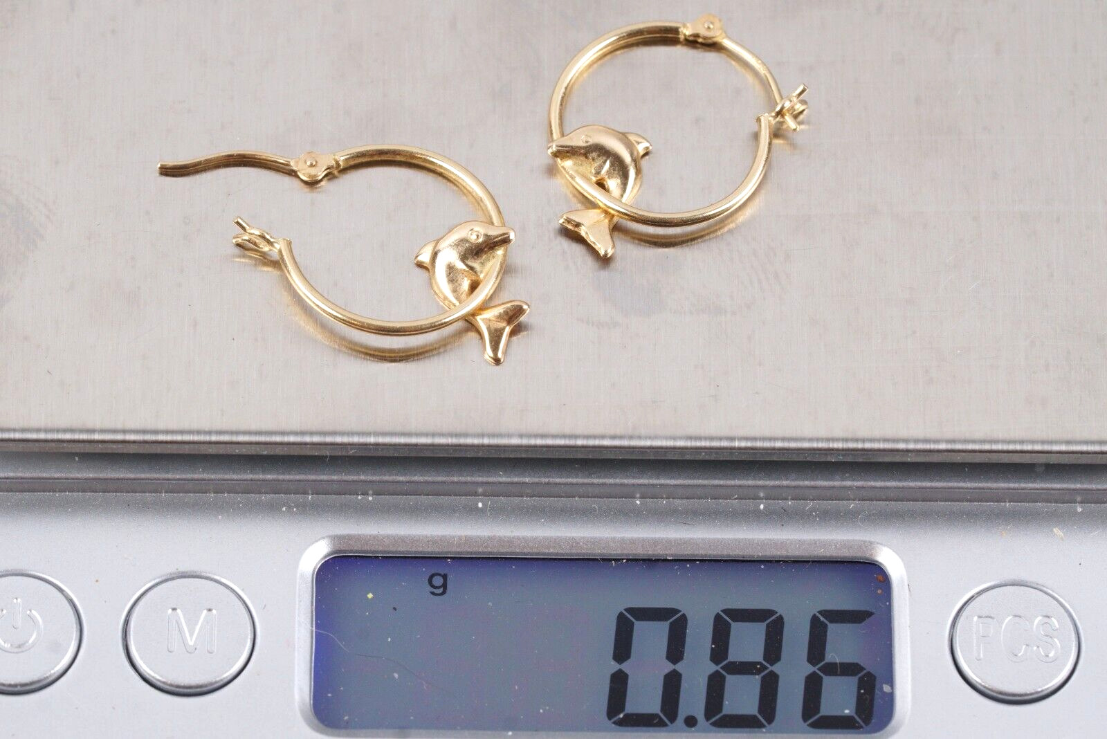 Dolphin Solid 14k Yellow Gold Jumping Huggie Dang… - image 5