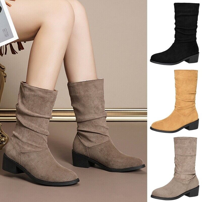 Slouch Women's Suede Mid-Calf Boots Pointed Toe Shoes Block Heels Slip On  Casual | eBay