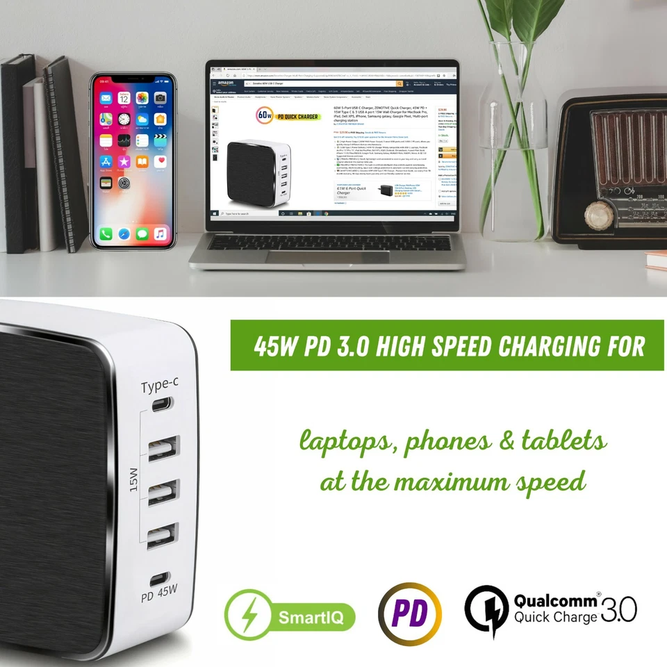 ZENOTIVE 60W USB TYPE C PD QC3.0 Charging Station 5 Port Power Adapter AU PLUG - Image 4 of 4