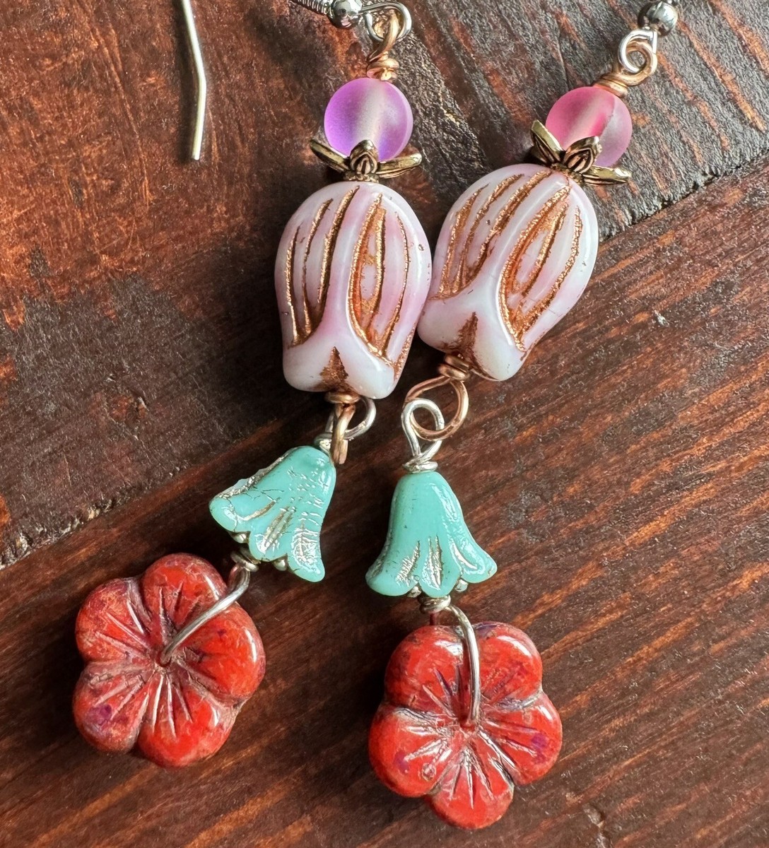 Czech glass Flower Earrings Lily Tulip And Blossom Dangle Earrings