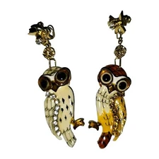 LUNCH AT THE RITZ RHINESTONE OWL DANGLE EARRINGS - PIERCED