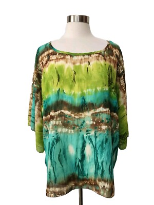 Dialogue Womens Top Large Green Tie Dye Dolman Sleeve Pullover SemiSheer