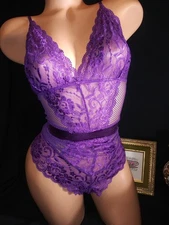 Sheer Lace Satin Spandex Bow Purple Fishnet Teddie Nightie Bodysuit Lingerie