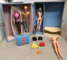 Barbie Ken Doll Carrying Case Blue Plastic Vintage 1960s With Dolls