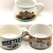 HOME COOKIN SOUP Mug Bowls Ceramic Set of 3 Vegetable Clam Chowder