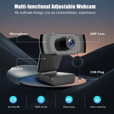 4K Webcam with Microphone Web Cam Auto Focusing Noise-Canceling Video Record