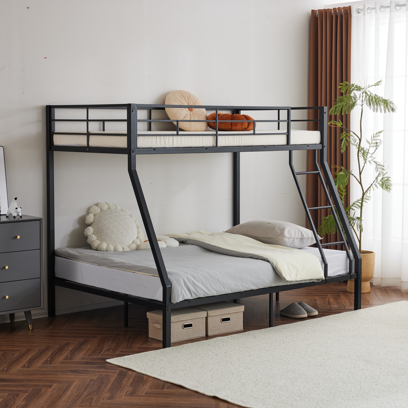 Heavy Duty Metal Bunk Bed Frame Twin Over Full Size with Safe Stairs Black