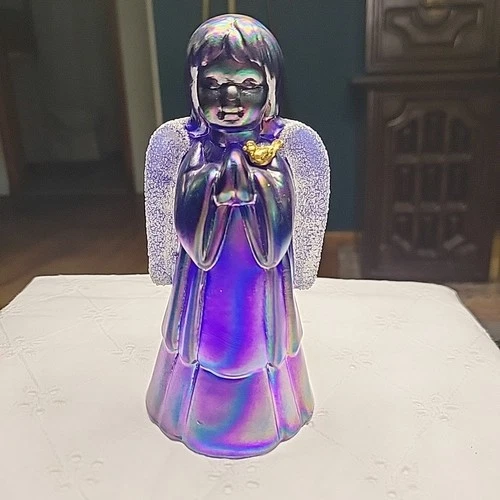 Fenton Blue Carnival Glass Angel With Frit Wings Gold Dove Praying Hands