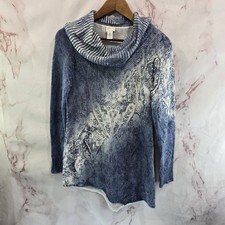 Chicos Sweater Womens 0 Small Blue Asymmetric Cowl Funnel Thermal Waffle Texture