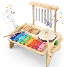 Toddler Wooden Musical Instruments for Kids with Drum Set and Wind Chimes
