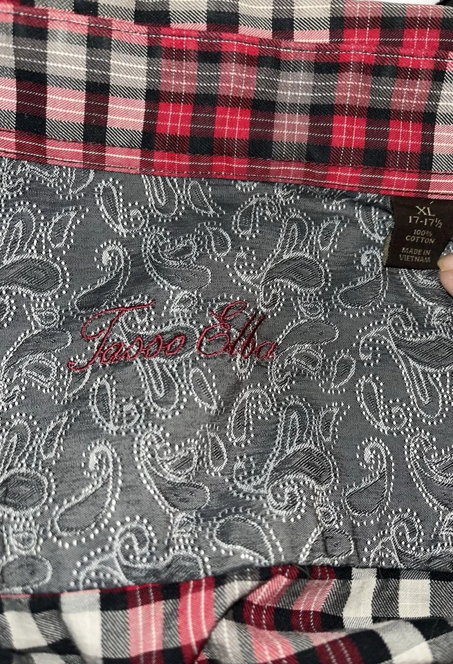 Tasso Elba 100% Cotton Gray Red Black  White Plaid Long Sleeve Dress Shirt XL - Image 3 of 3