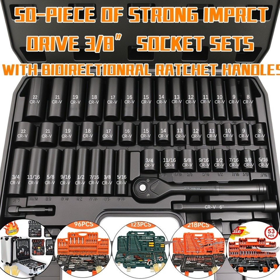 999/218/123/96/53/50 Pieces of Impact Socket Kit with Ratchet -3/8 Inch Drive