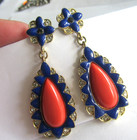 Faux Coral Blue Enamel Pierced Dangle Earrings