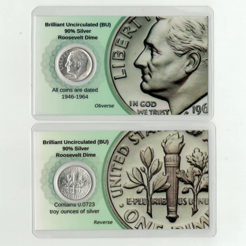 90% Silver Roosevelt Dime –BU/AU in Laminated  Card - Perfect Barter & Stacking