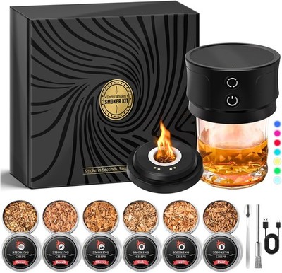 Whiskey Smoker Kit with Lights: Cocktail Infuser with 6 Wood Chips for Whiskey B