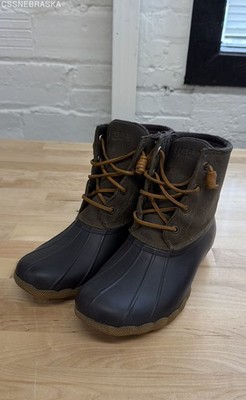 Sperry Saltwater Duck Boots Brown Olive Ankle Rain Boots Women's Size 8