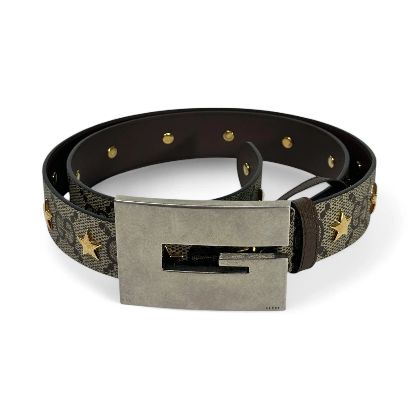Authentique ceinture Gucci boucle mémorable suprême GG monogramme étoiles large taille 120/48