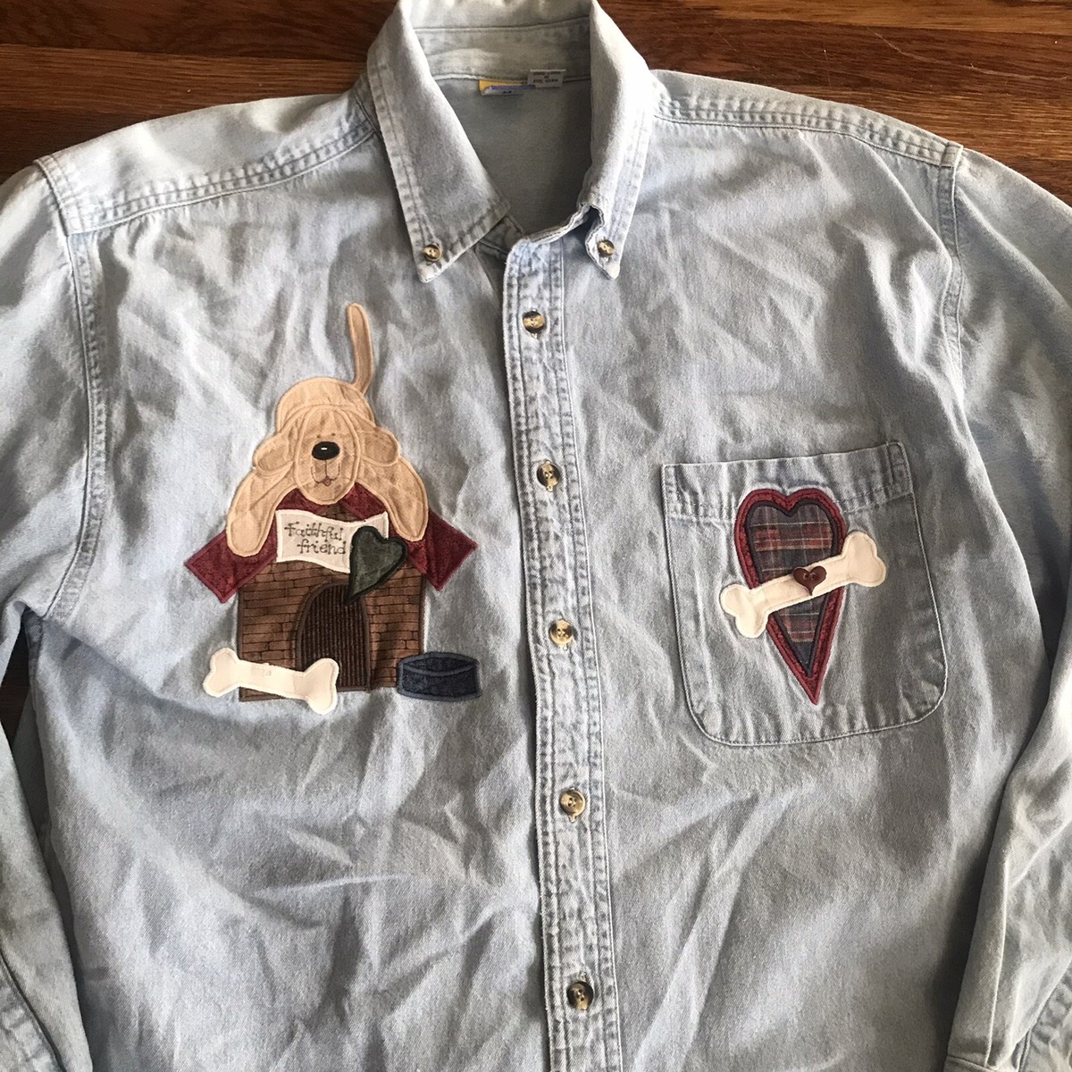 vtg 90s Chambray shirt womens M dog embroidery folk country kitsch Y2k  Puppies | eBay