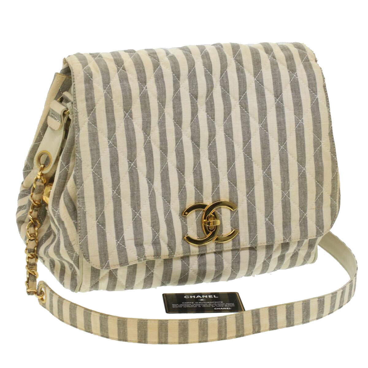 CHANEL Striped Matelasse Chain Shoulder Bag Canvas White CHANEL Striped Matelasse Chain Shoulder Bag Canvas White