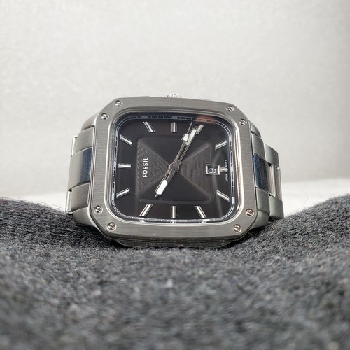 RARE FOSSIL INSCRIPTION FS5933 3 HAND DATE SQUARE BLACK MEN'S WATCH NEW BATTERY - Picture 2 of 10