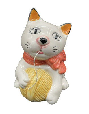 Retro Kitsch Ceramic White Cat Kitten Pink Bow Twine String Dispenser