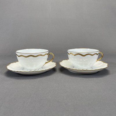 O & EG Royal Austria Flat Cup and Saucer Set Scalloped Edge Gold Trim Set of 2