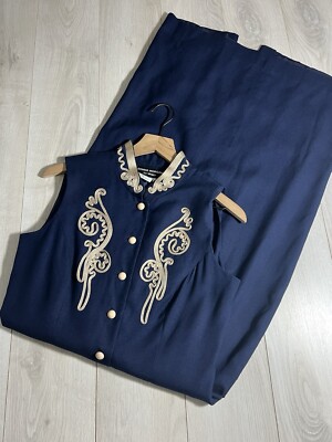 Donna Morgan Rayon Linen Navy Brown Embellished Front Button