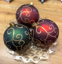 3 Shiny Green  Maroon Gold Glitter Ball Shatterproof Christmas Ornaments 3"